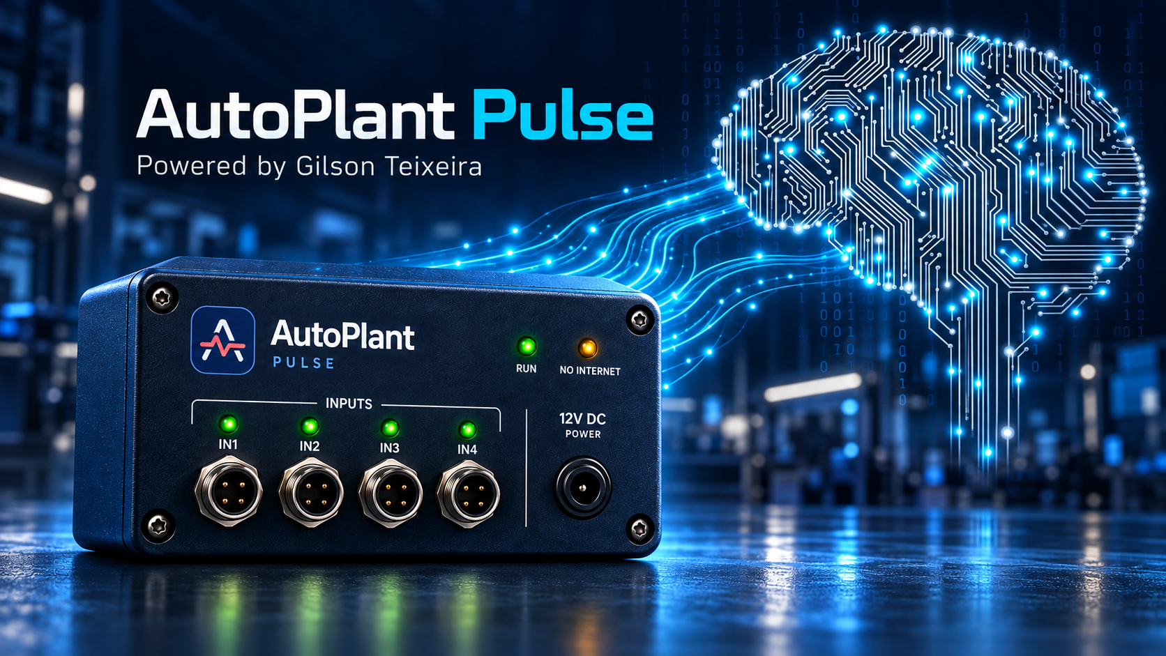 Contador AutoPlant Pulse integrado com o cérebro tecnológico da aplicação, representando o percurso dos sinais da fábrica até à informação