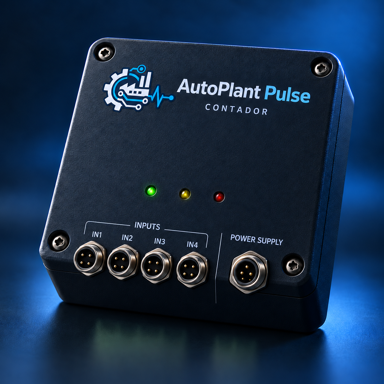 Square AutoPlant Pulse counter concept with logo, four sensor connectors and a power connector, without a display