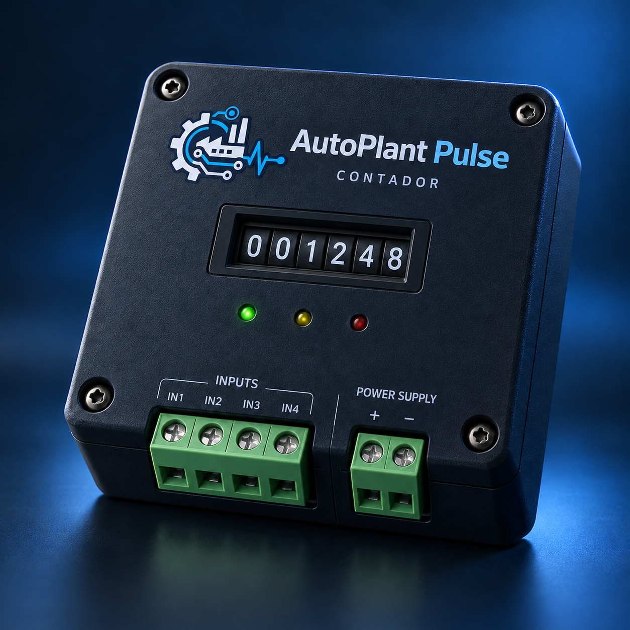 Conceito de contador quadrado AutoPlant Pulse com logótipo, entradas INPUTS e ligação POWER SUPPLY