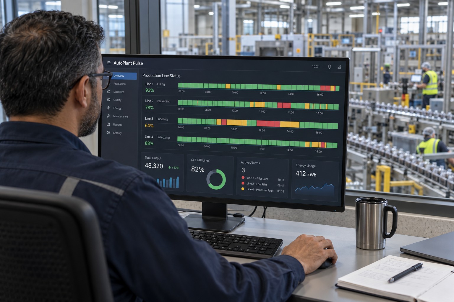 Gestor numa fábrica a acompanhar linhas temporais de produção no computador
