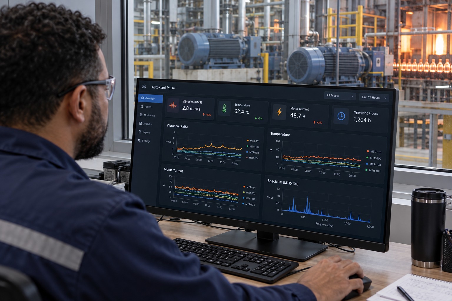 Supervisor a analisar tendências de medições de motores no computador